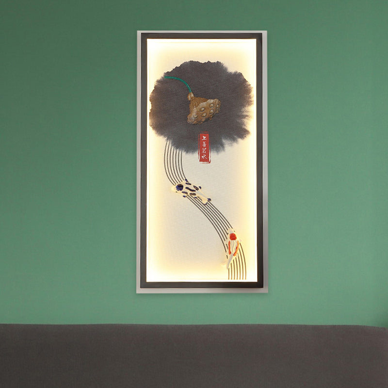 Chinese Style Led Wall Lamp - Black Lotus Seed And Fish Mural Lighting Fixture