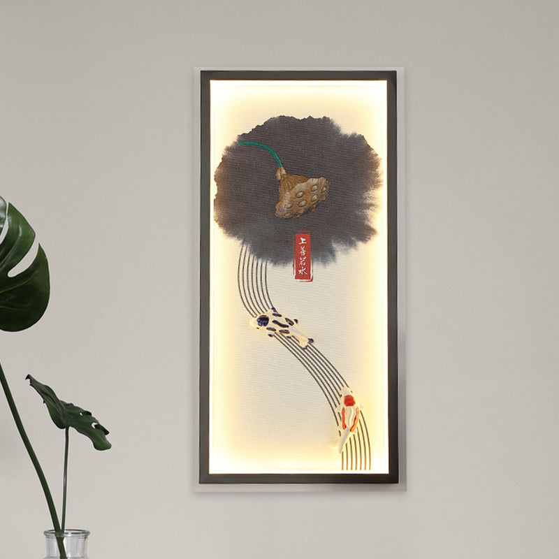 Chinese Style Led Wall Lamp - Black Lotus Seed And Fish Mural Lighting Fixture