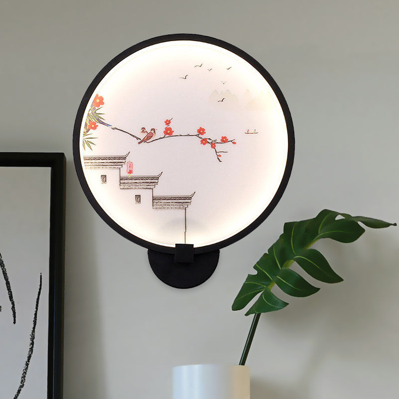 Chinese Ink House/Lotus Mural Led Circle Wall Sconce Light In Black - Acrylic Bedroom
