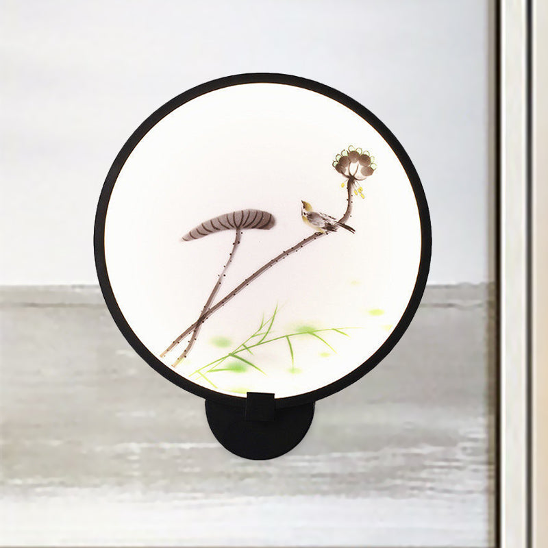 Chinese Ink House/Lotus Mural Led Circle Wall Sconce Light In Black - Acrylic Bedroom / A