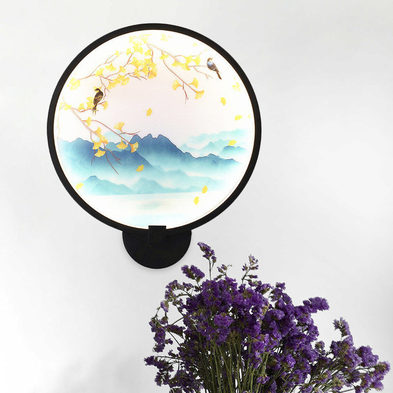 Chinese Style Acrylic Led Wall Sconce In Black Ginkgo/Blooming Plum Mural Light Fixture For Bedrooms