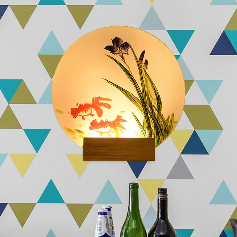 Asian Led Wall Light Sconce With Wooden Arm - Goldfish/Boat Bedside Mural Design