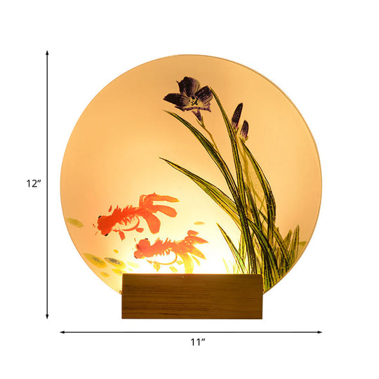 Asian Led Wall Light Sconce With Wooden Arm - Goldfish/Boat Bedside Mural Design