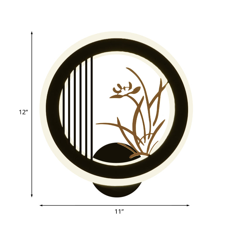 Chinese Acrylic Led Wall Light Fixture In Black For Living Room Décor With Chrysanths/Orchid Flower