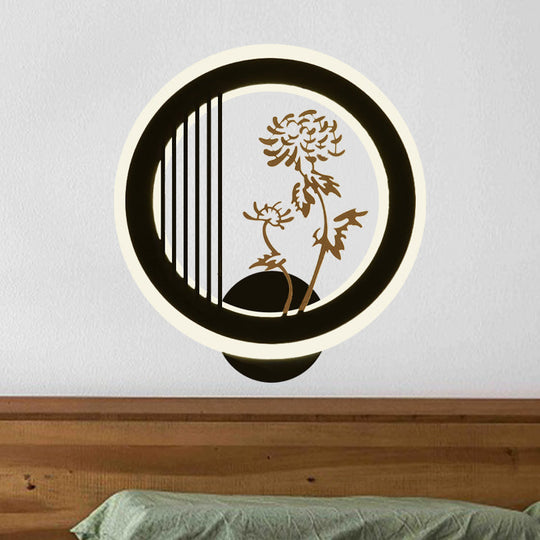 Chinese Acrylic Led Wall Light Fixture In Black For Living Room Décor With Chrysanths/Orchid Flower