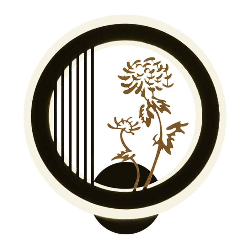 Chinese Acrylic Led Wall Light Fixture In Black For Living Room Décor With Chrysanths/Orchid Flower