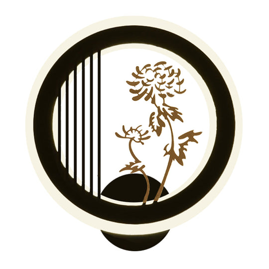 Chinese Acrylic Led Wall Light Fixture In Black For Living Room Décor With Chrysanths/Orchid Flower