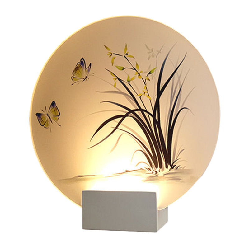 Modern Asian Led Wall Lamp With Moon Shape Butterfly And Orchid Pattern - Acrylic Mount Lighting