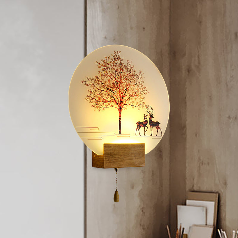 Nordic Deer Tree Mural Led Wall Sconce In Wood With Pull Chain - Acrylic Workshop Lamp