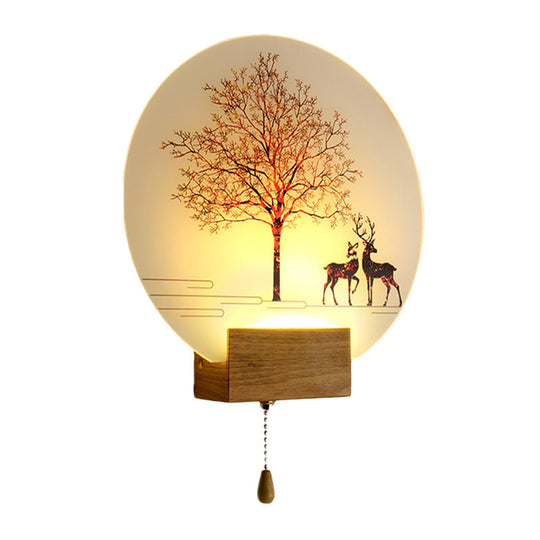 Nordic Deer Tree Mural Led Wall Sconce In Wood With Pull Chain - Acrylic Workshop Lamp
