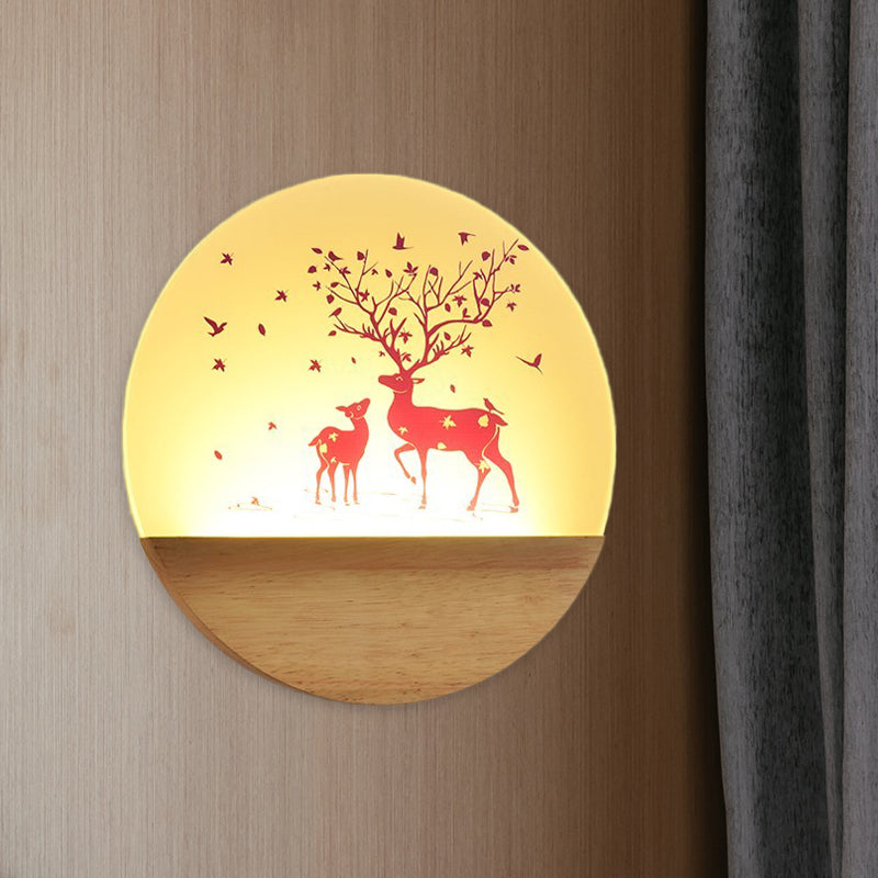 Nordic Wood Sconce With Led Mural Light Deer/Bird Patterned Acrylic Shade - Ideal For Bedroom Wall