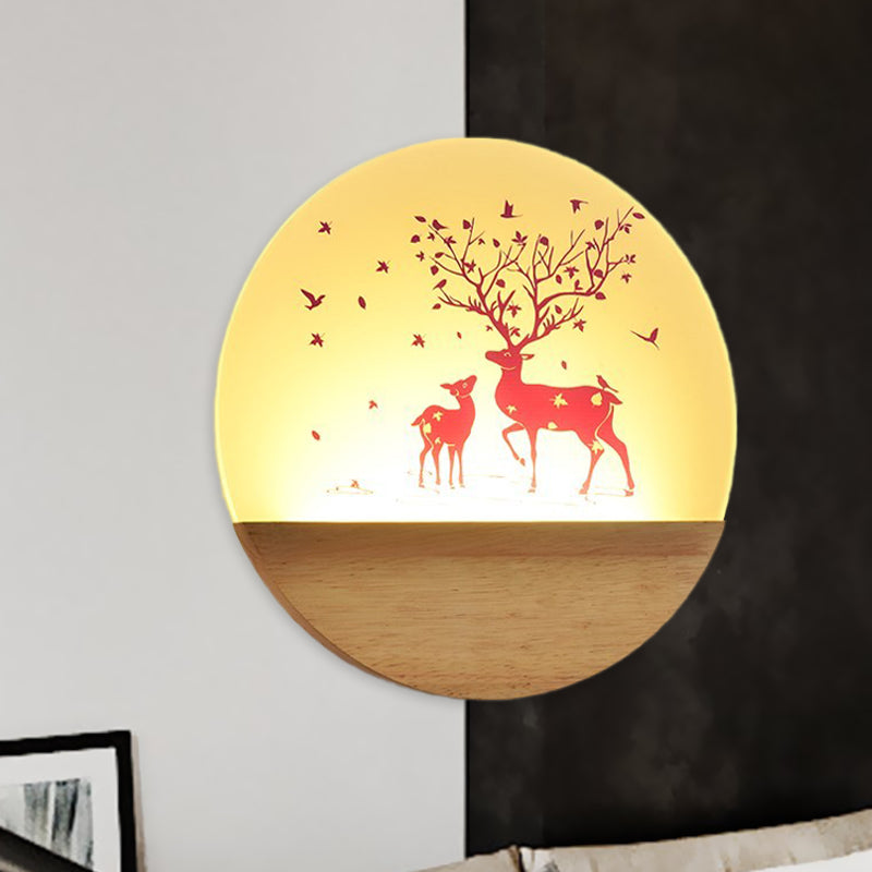 Nordic Wood Sconce With Led Mural Light Deer/Bird Patterned Acrylic Shade - Ideal For Bedroom Wall