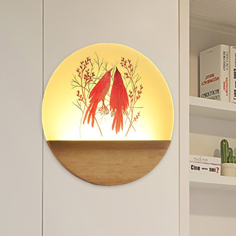 Nordic Wood Sconce With Led Mural Light Deer/Bird Patterned Acrylic Shade - Ideal For Bedroom Wall