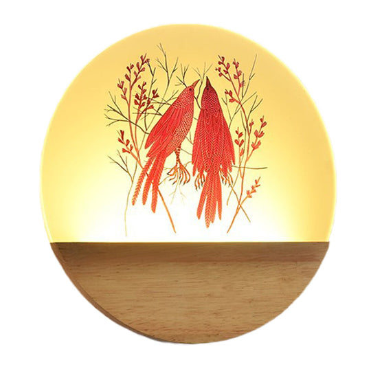Nordic Wood Sconce With Led Mural Light Deer/Bird Patterned Acrylic Shade - Ideal For Bedroom Wall