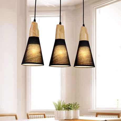 Contemporary Cone Pendant Light With 3 Hanging Lamps And Fabric/Wood Design Black