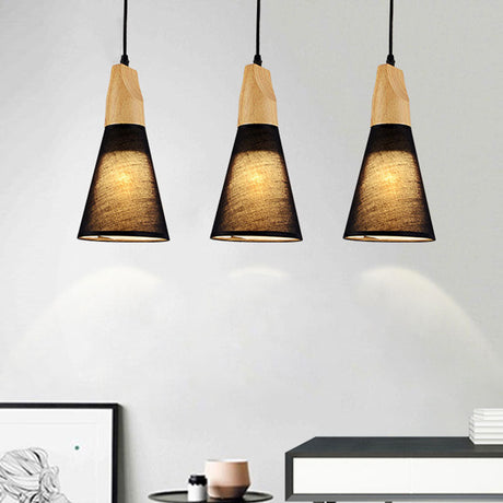 Contemporary Cone Pendant Light With 3 Hanging Lamps And Fabric/Wood Design