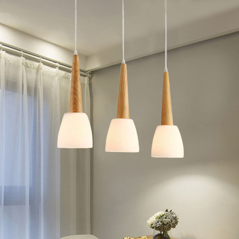 Frosted Glass Hanging Lamp With Wood Cap - 3-Light Modern Pendant Lighting For Dining Room In White
