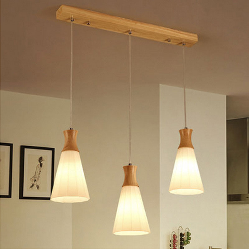 Nordic Style Conic Pendant Lamp With Ribbed Glass And Wood Hangings - 3 Lights White Linear/Round