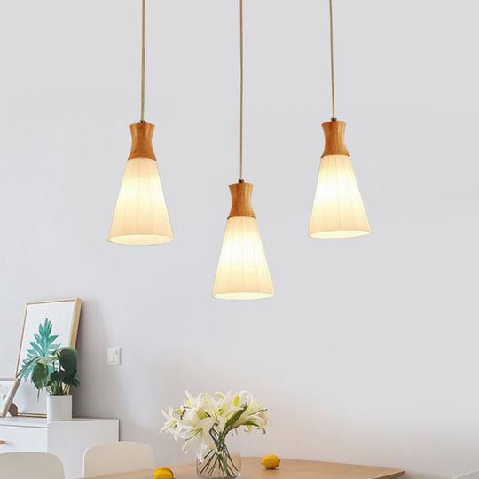 Nordic Style Conic Pendant Lamp With Ribbed Glass And Wood Hangings - 3 Lights White Linear/Round