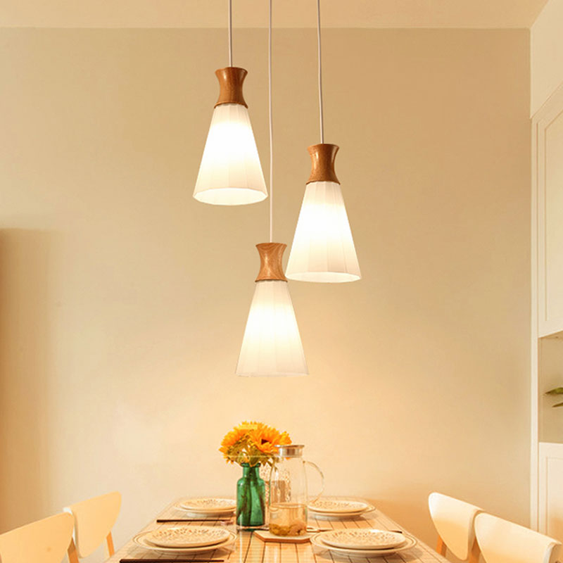 Nordic Style Conic Pendant Lamp With Ribbed Glass And Wood Hangings - 3 Lights White Linear/Round