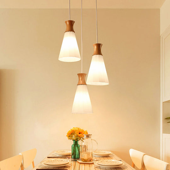 Nordic Style Conic Pendant Lamp With Ribbed Glass And Wood Hangings - 3 Lights White Linear/Round