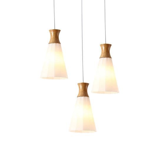Nordic Style Conic Pendant Lamp With Ribbed Glass And Wood Hangings - 3 Lights White Linear/Round