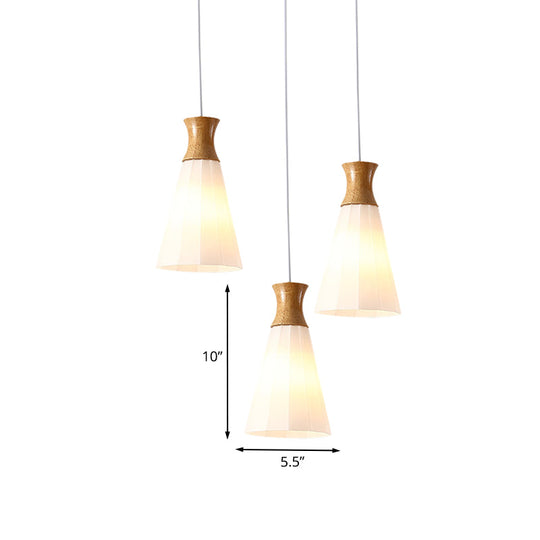 Nordic Style Conic Pendant Lamp With Ribbed Glass And Wood Hangings - 3 Lights White Linear/Round