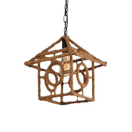 Country Style Black Metal And Rope Pendant Light - Caged Hanging Ceiling With Globe/Square Shade