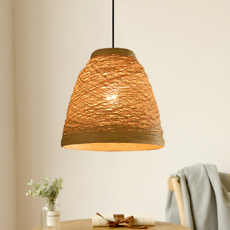 Lodge Style 1-Light Weave Tapered Pendant Lamp In Orange/Brown - Dining Table Hanging Fixture Flaxen