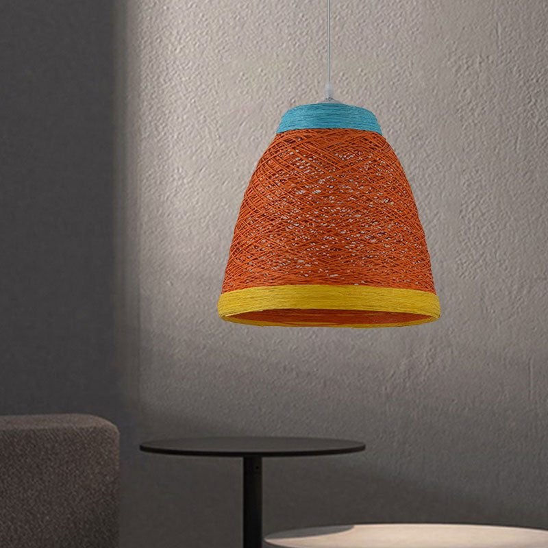 Lodge Style 1-Light Weave Tapered Pendant Lamp In Orange/Brown - Dining Table Hanging Fixture
