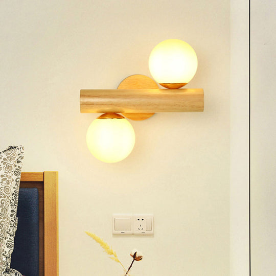 Contemporary Milk Glass Wall Lamp With Wooden Base - 2 Lights In White For Bathroom Wood