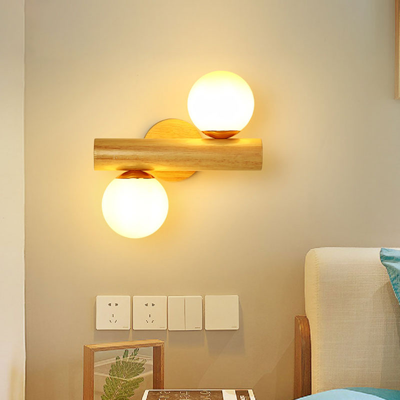 Contemporary Milk Glass Wall Lamp With Wooden Base - 2 Lights In White For Bathroom