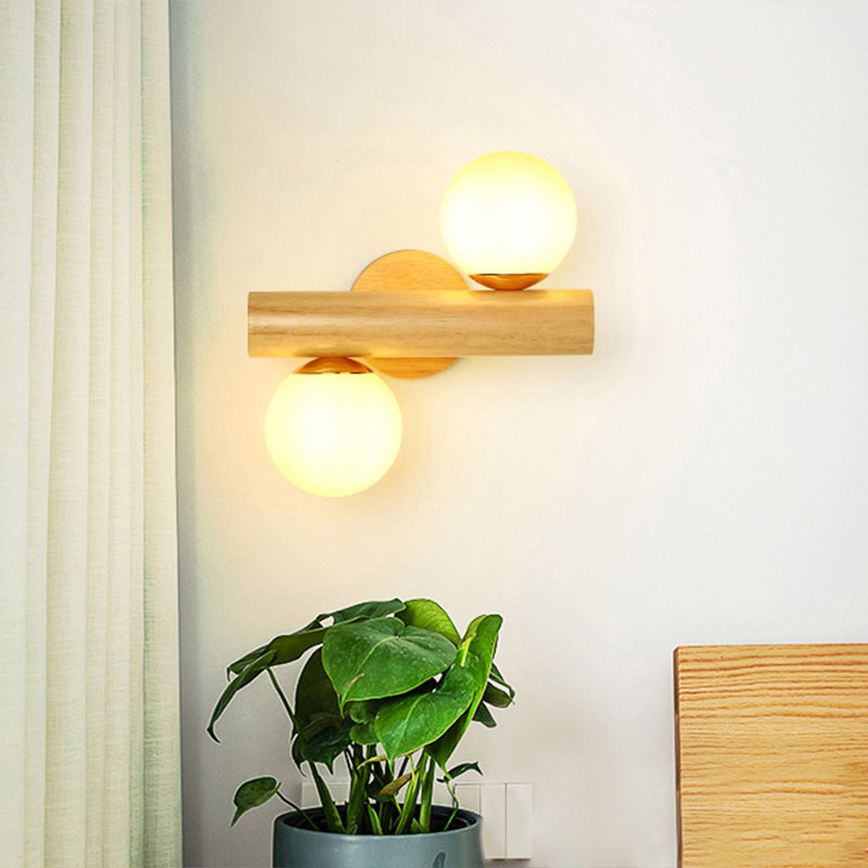 Contemporary Milk Glass Wall Lamp With Wooden Base - 2 Lights In White For Bathroom