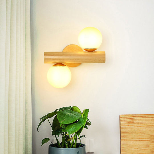Contemporary Milk Glass Wall Lamp With Wooden Base - 2 Lights In White For Bathroom