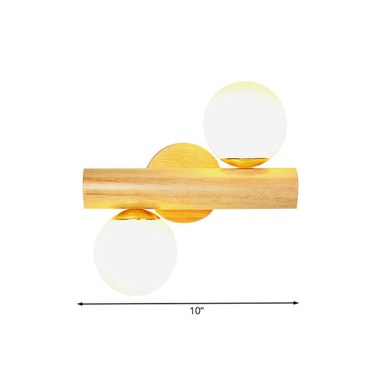 Contemporary Milk Glass Wall Lamp With Wooden Base - 2 Lights In White For Bathroom