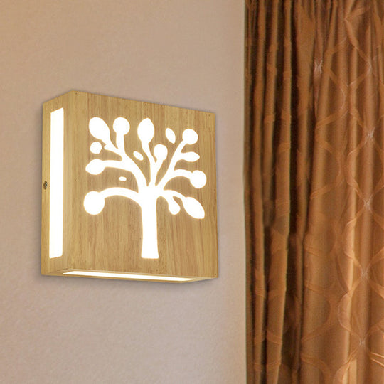 Modern Led Wood Square Wall Sconce: Beige Bedside Light With Cute Pattern / White A