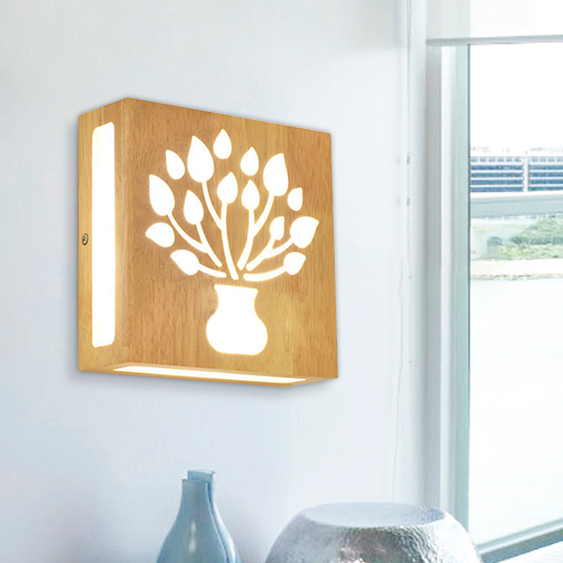 Modern Led Wood Square Wall Sconce: Beige Bedside Light With Cute Pattern / Warm B