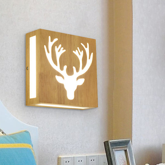 Modern Led Wood Square Wall Sconce: Beige Bedside Light With Cute Pattern