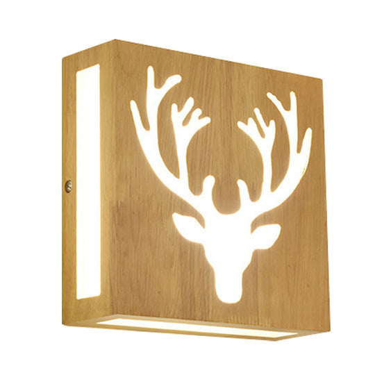 Modern Led Wood Square Wall Sconce: Beige Bedside Light With Cute Pattern