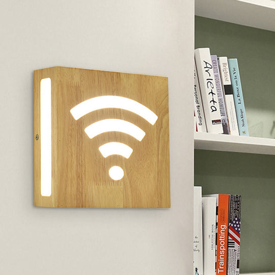 Modern Led Wood Square Wall Sconce: Beige Bedside Light With Cute Pattern