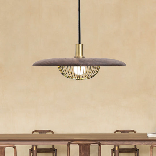 Modern Iron Wire Domed Pendant Light With Wooden Shade - Shop 1 Suspension Dark Wood