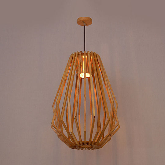Asian Style Wood Pendant Light With Diamond Café Design - 1 Head Beige Suspension For Dining Room