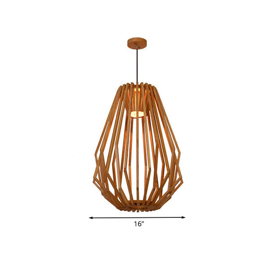 Diamond Cafe Pendant Light - Asian Style Wood Suspension 1 Head Beige