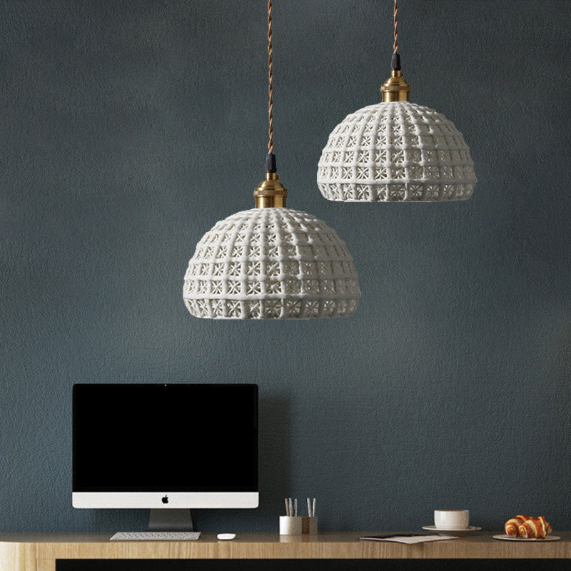 Nordic Grid Dome Pendant Light - 6.5’/8’ Single Bulb Ceramic Hanging Lamp For Dining Room &