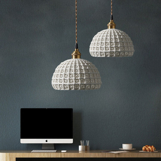 Nordic Grid Dome Pendant Light - 6.5’/8’ Single Bulb Ceramic Hanging Lamp For Dining Room &