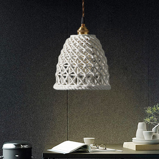 Nordic Grid Dome Pendant Light - 6.5’/8’ Single Bulb Ceramic Hanging Lamp For Dining Room &