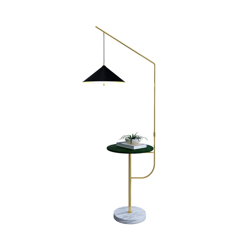 Modern Black And Gold Metallic Conic Shade Floor Lamp With Shelf