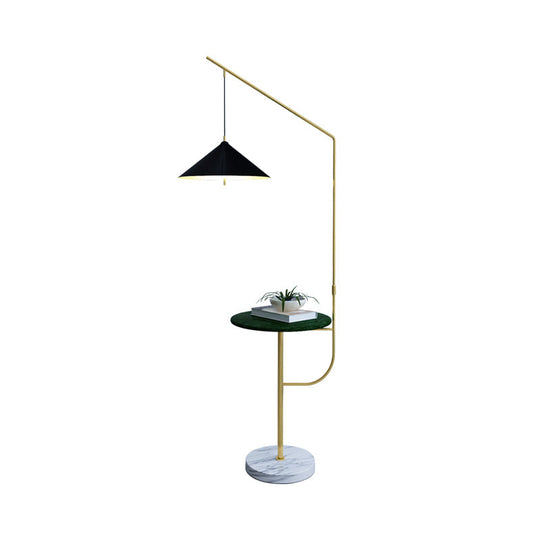 Modern Black And Gold Metallic Conic Shade Floor Lamp With Shelf