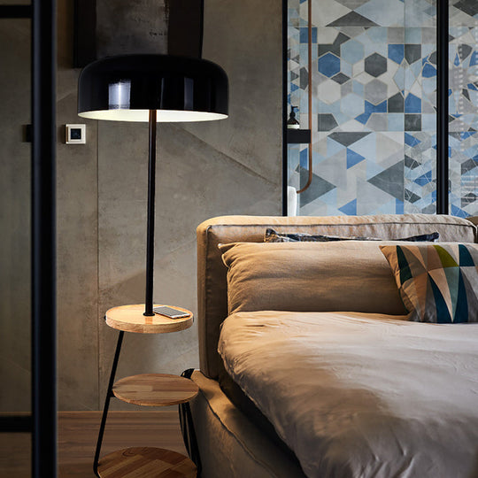 Modern Black Metal Floor Lamp With Wood Shelves - 2 Bulb Bowl Shade Light