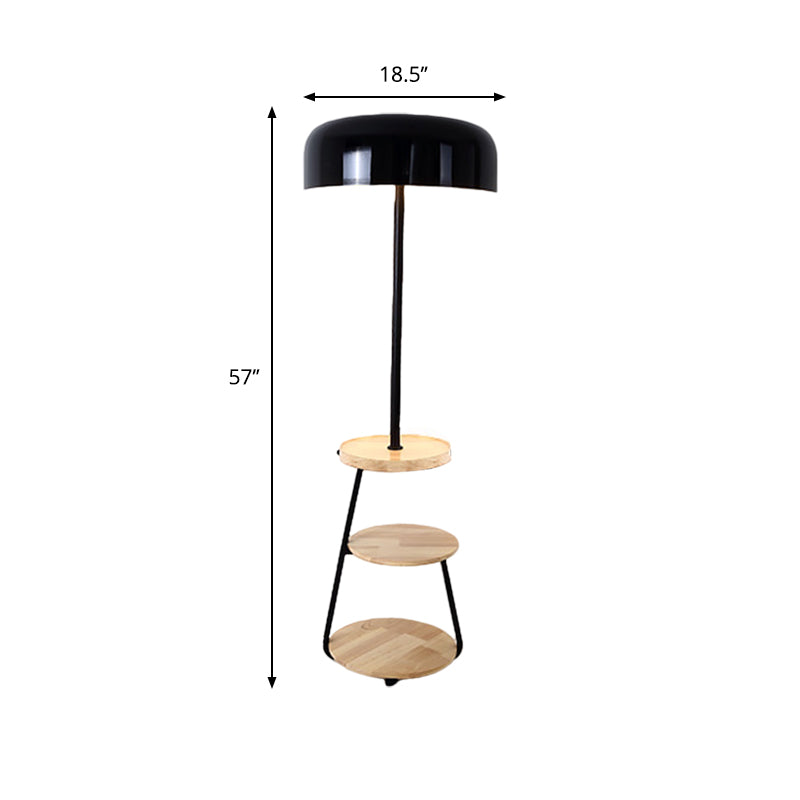 Modern Black Metal Floor Lamp With Wood Shelves - 2 Bulb Bowl Shade Light